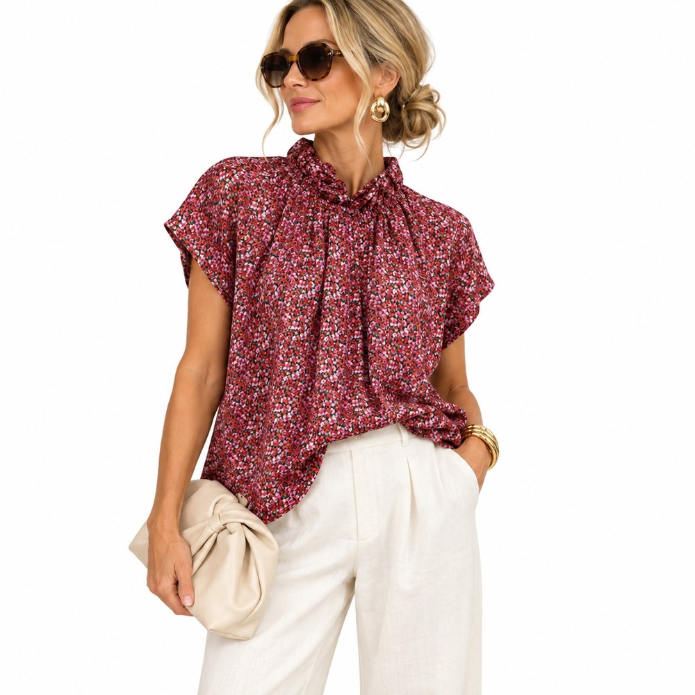 Ann Mashburn Womens XL 100% Silk Blouse Red Pink Floral Ruffle Neck Luxury